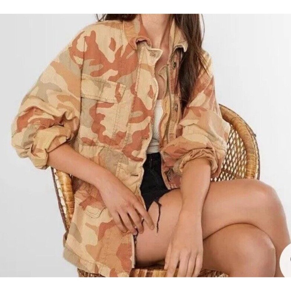 Free People Jacket Womens Sz Small Camouflage Lead The Way Tan Military Cinched